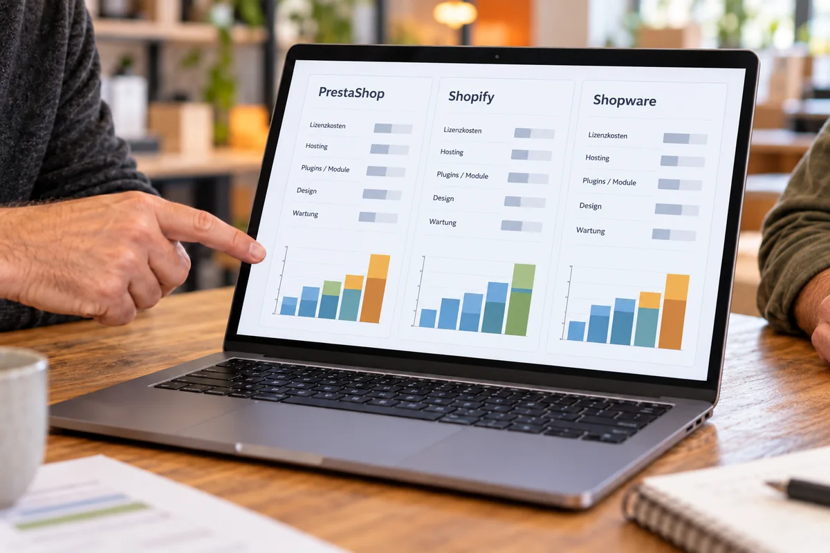 Laptop mit einem Kostenvergleich von PrestaShop, Shopify und Shopware nach Lizenzkosten, Hosting, Modulen, Design und Wartung.